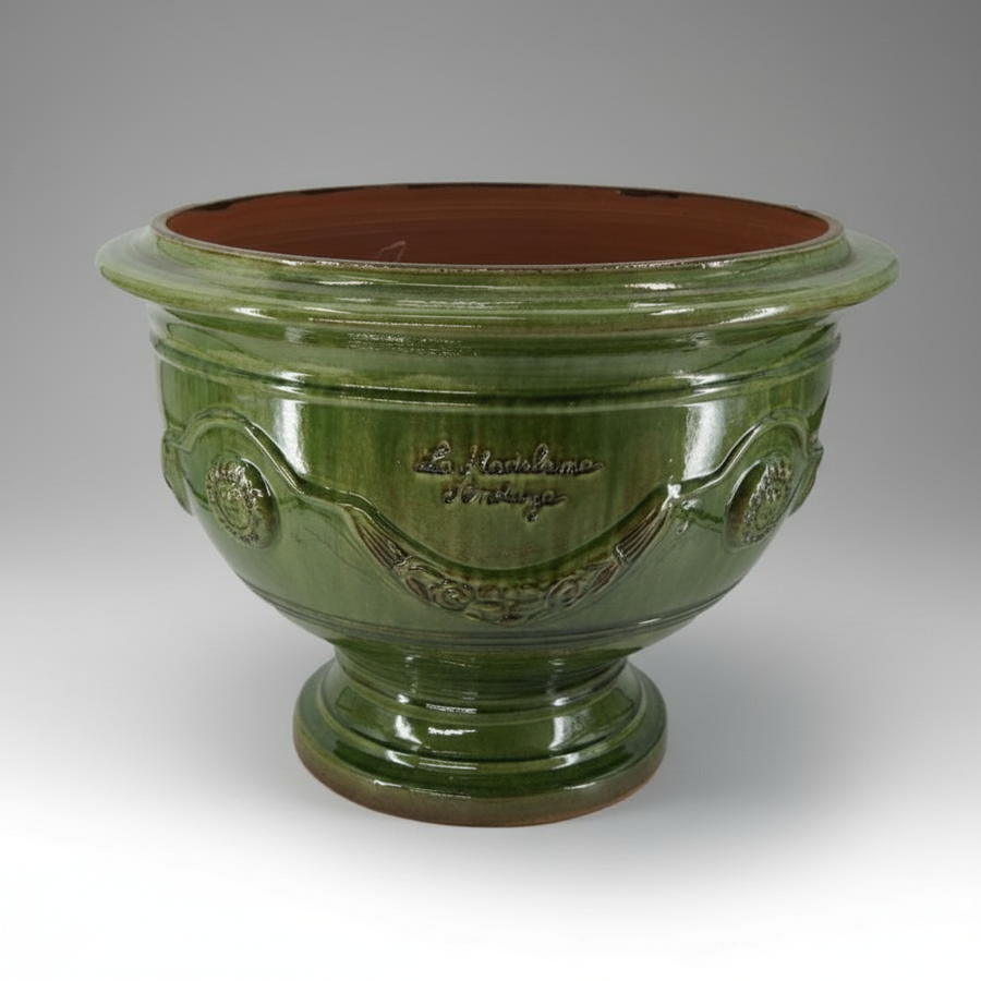 Óriás méretű, tradiconális mázas, zöld színű, anduze kerámia kaspótál