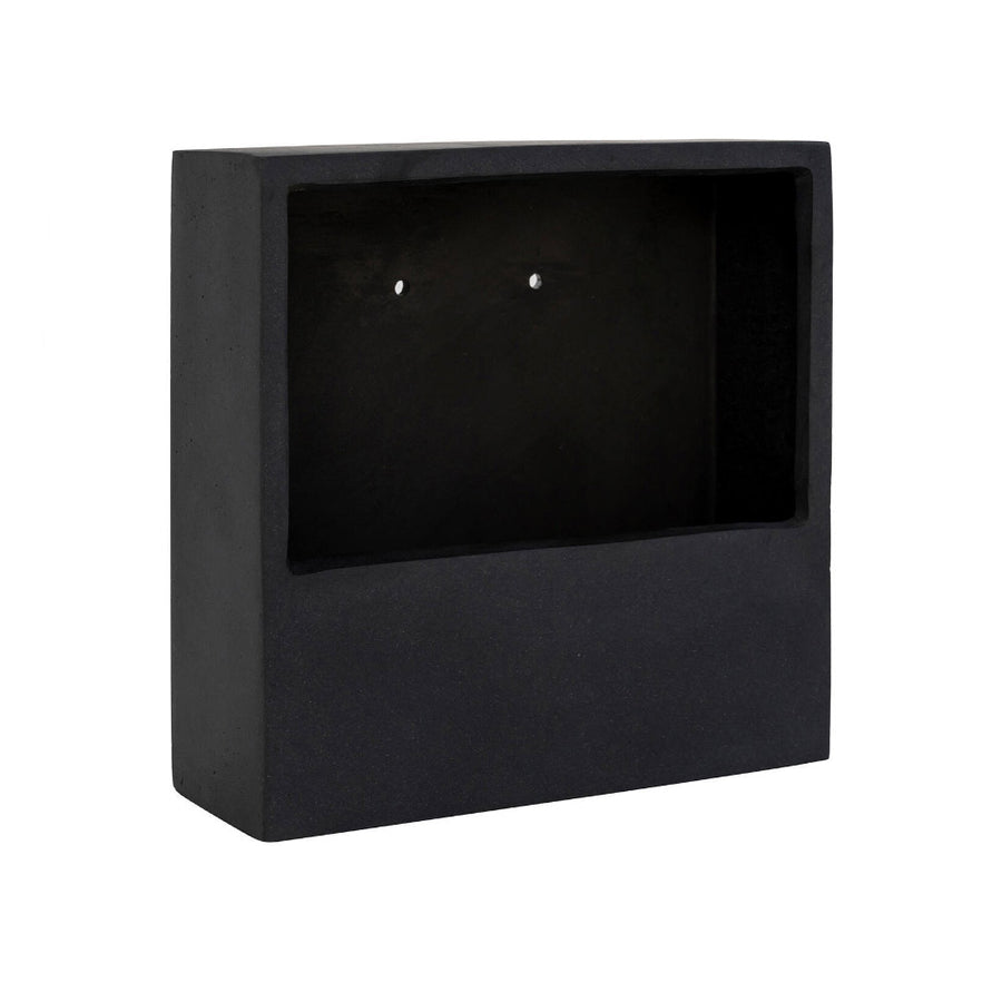 Wally matt fekete fiberstone fali kaspó 30 × 30 × 9 cm, szögletes kialakítással, téglalap alakú ültetőtérrel és két hátsó rögzítőnyílással.