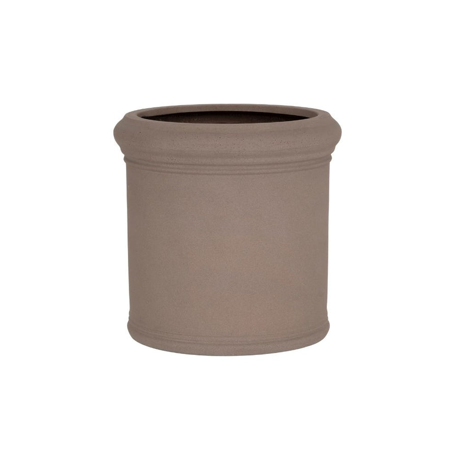 Heritage taupe színű, alacsony hengeres fiberstone kaspó Ø40 × 31,5 cm méretben, lekerekített felső peremmel és klasszikus szegélydíszítéssel.