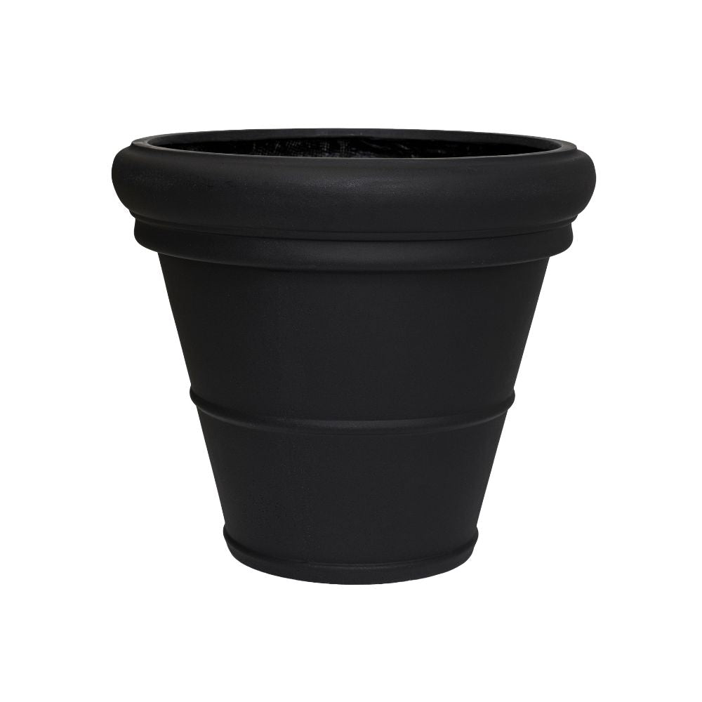Heritage matt fekete kúpos fiberstone kaspó 69 cm átmérővel és 60 cm magassággal, széles, lekerekített peremmel és klasszikus díszítőgyűrűkkel, fehér háttéren.