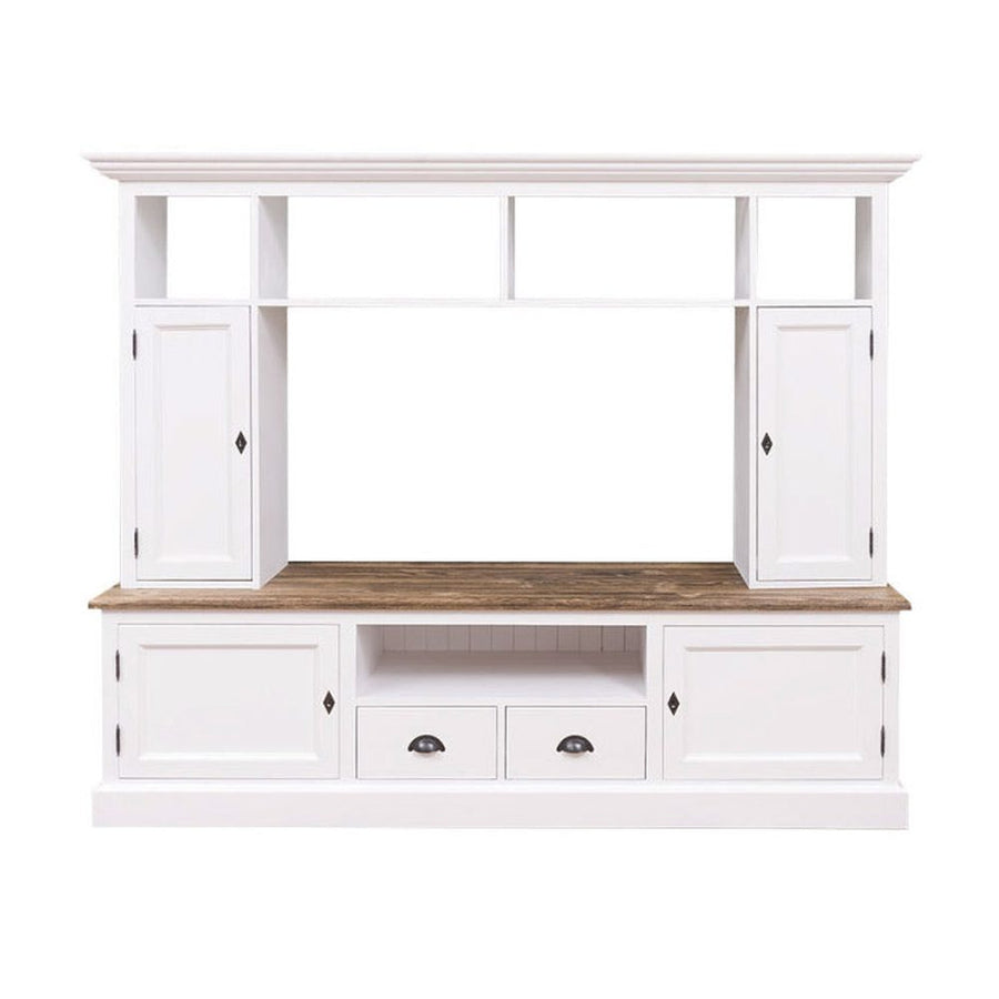 Kételemes, fenyőfa, tömörfa TV szekrény, fehér és Natúr színű.