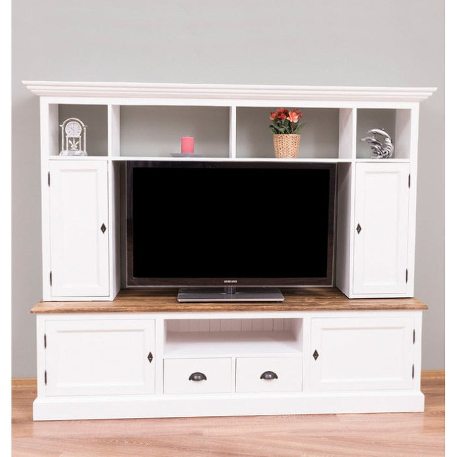 Kételemes, fenyőfa, tömörfa TV szekrény, fehér és Natúr színű.