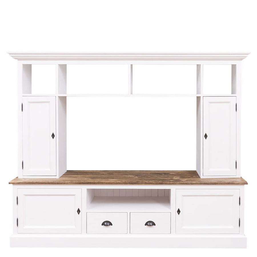 Kételemes, fenyőfa, tömörfa TV szekrény, fehér és Natúr színű.