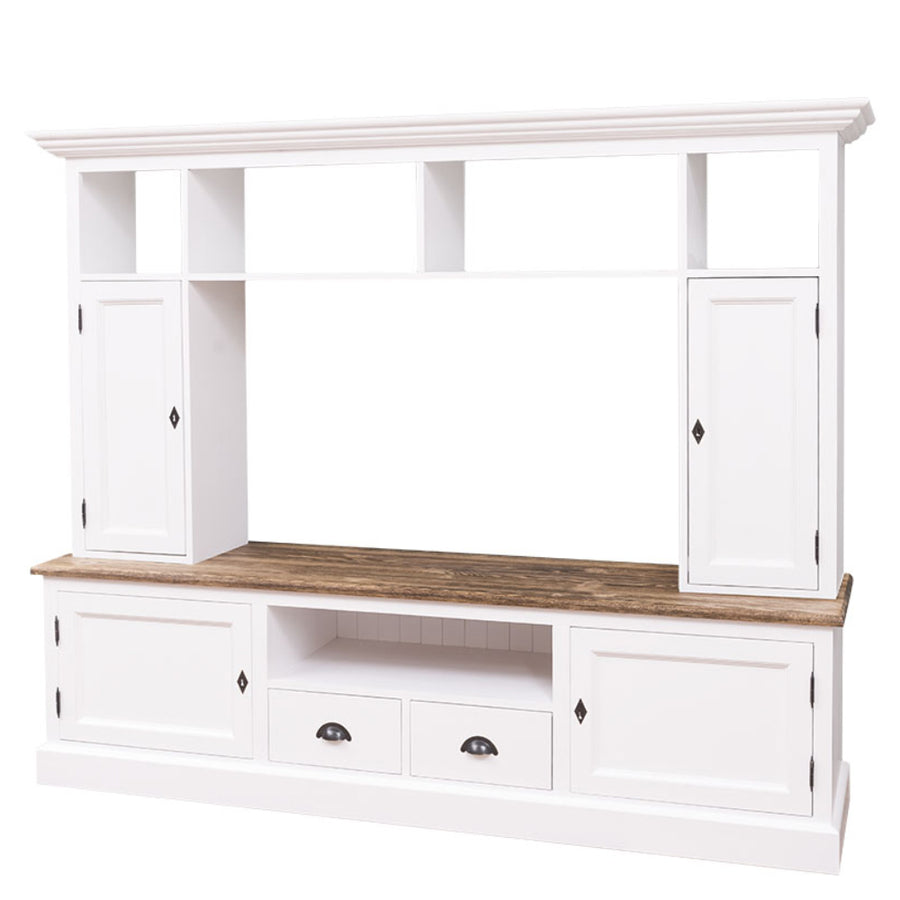 Kételemes, fenyőfa, tömörfa TV szekrény, fehér és Natúr színű.