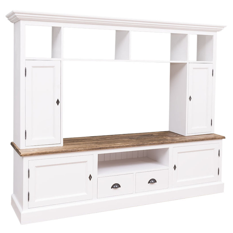 Kételemes, fenyőfa, tömörfa TV szekrény, fehér és Natúr színű.