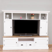 Kételemes, fenyőfa, tömörfa TV szekrény, fehér és Natúr színű.