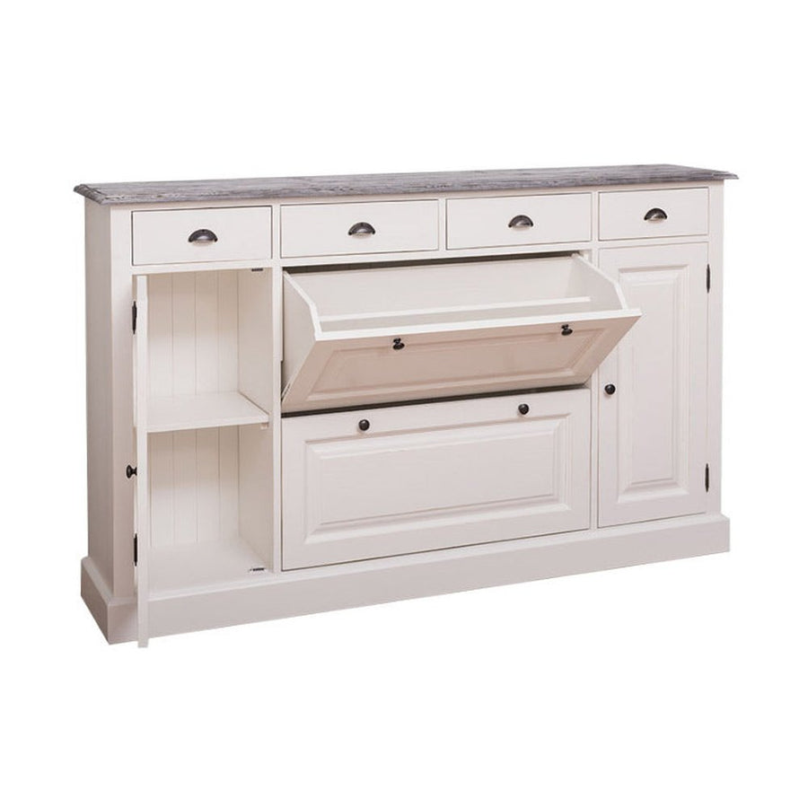 Fenyőfából készült cipősszekrény tölgyfa fedlappal. Fehér és szürke színű.