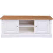Fenyőfából készült, vidéki stílusú TV szekrény. Fehér és natúr színű.