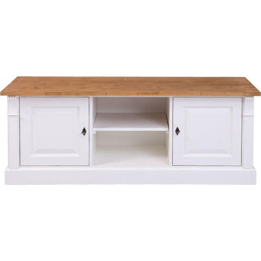 Fenyőfából készült, vidéki stílusú TV szekrény. Fehér és natúr színű.