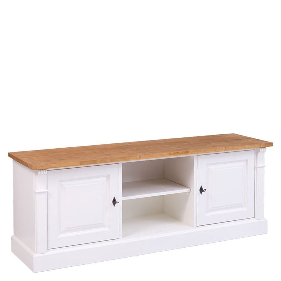 Fenyőfából készült, vidéki stílusú TV szekrény. Fehér és natúr színű.