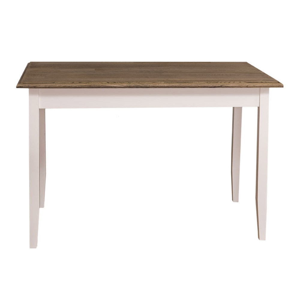 Fenyőfa étkezőasztal. A lábak színe fehér, az asztallap színe barna lakkozott.