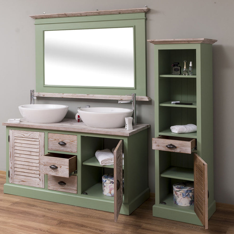 Fenyőfából készült, fürdőszobaszekrény. zöld és natúr színű.