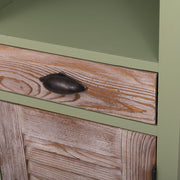 Fenyőfából készült, fürdőszobaszekrény. Zöld és natúr színű.