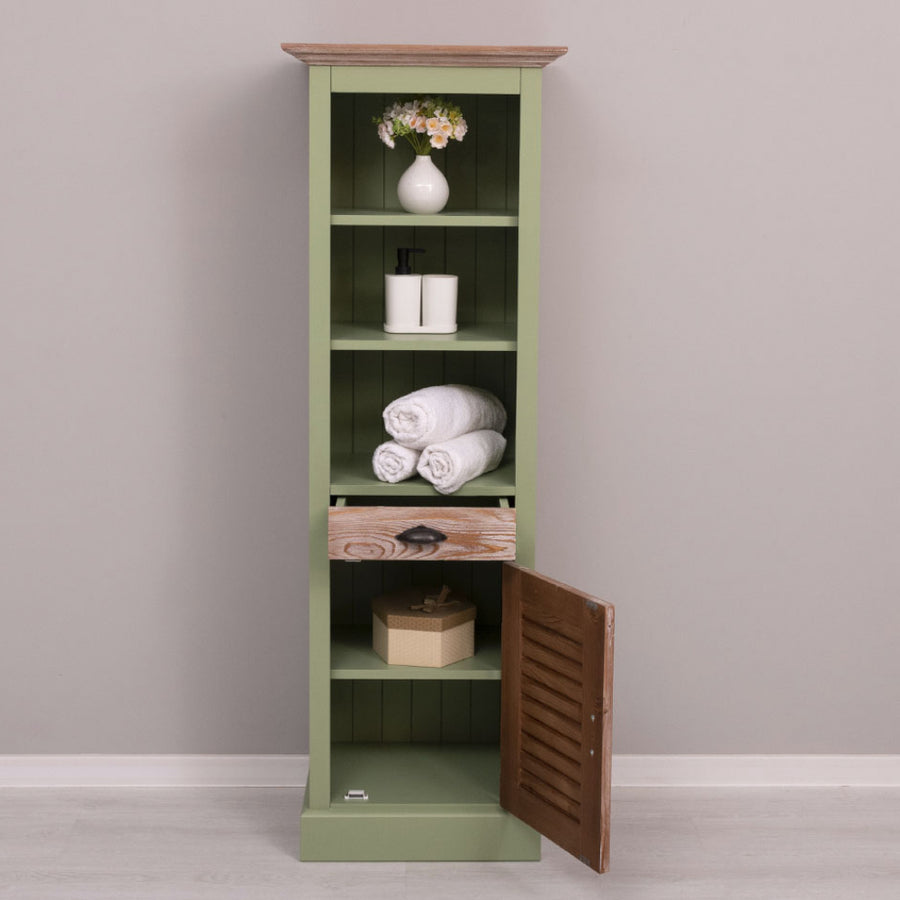 Fenyőfából készült, fürdőszobaszekrény. zöld és natúr színű.