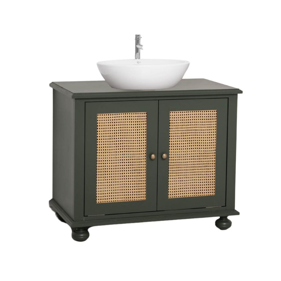Sötétzöld Maison Rattan tömör fenyőfa mosdószekrény rattanbetétes ajtókkal