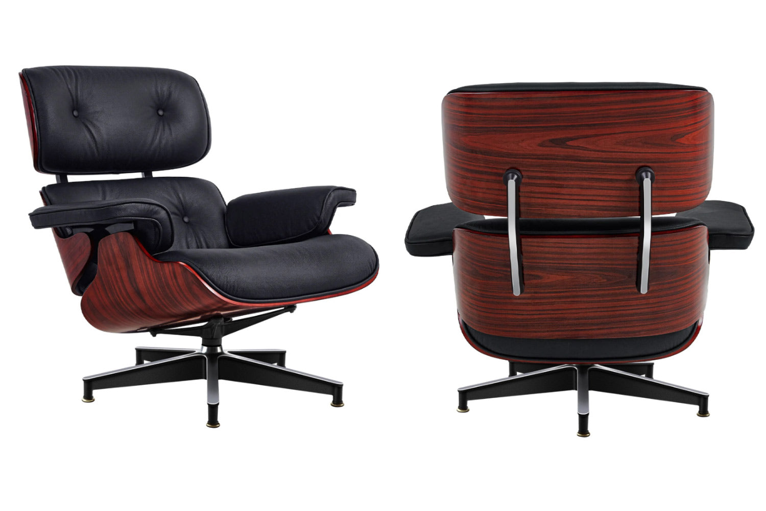 Eames Lounge Chair pihenő fotel ottománnal, sötét rózsafa furnér fafelülettel, fekete bőr kárpitozással.