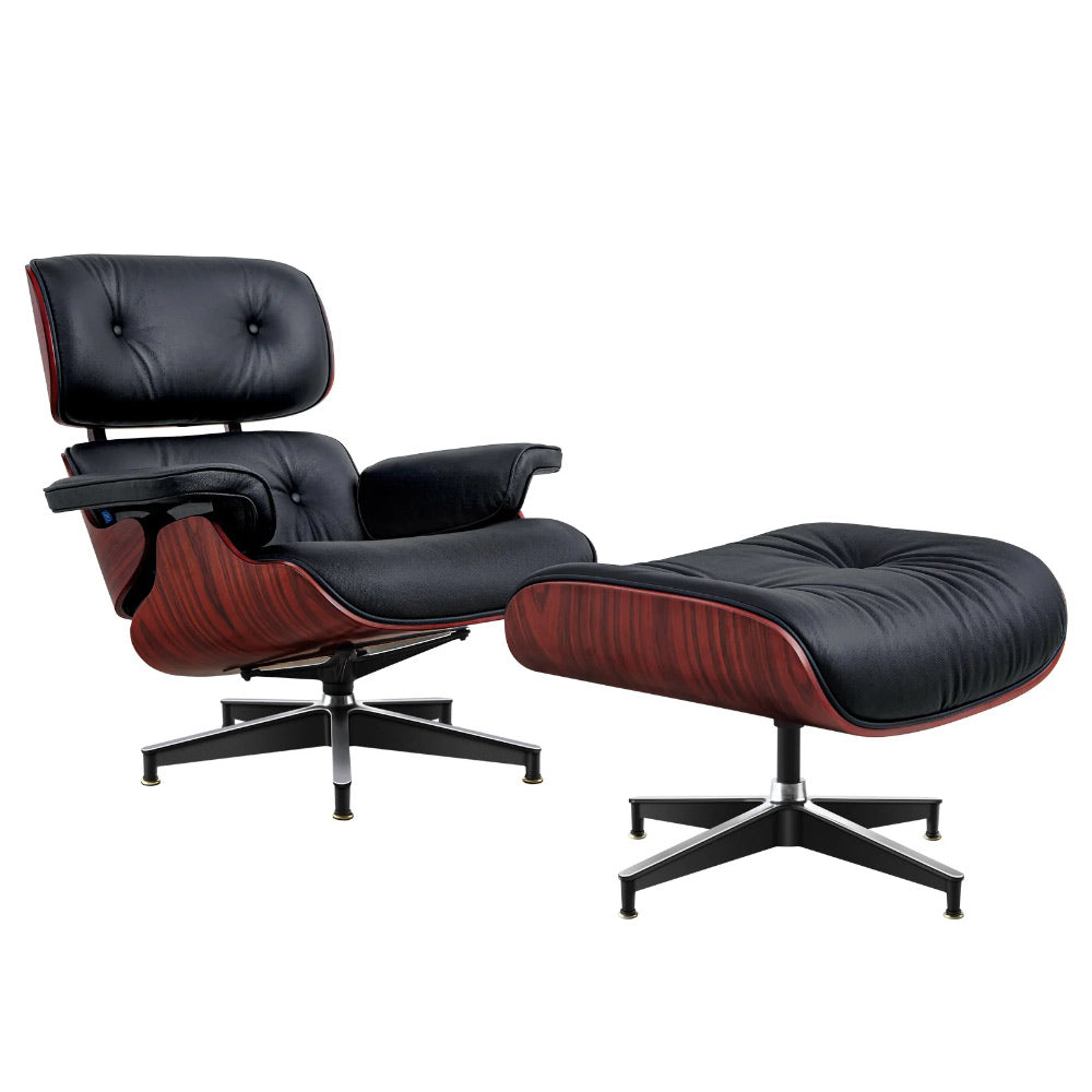 Eames Lounge Chair pihenő fotel ottománnal, sötét rózsafa furnér fafelülettel, fekete bőr kárpitozással.