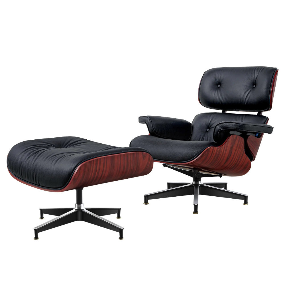 Eames Lounge Chair pihenő fotel ottománnal, sötét rózsafa furnér fafelülettel, fekete bőr kárpitozással.