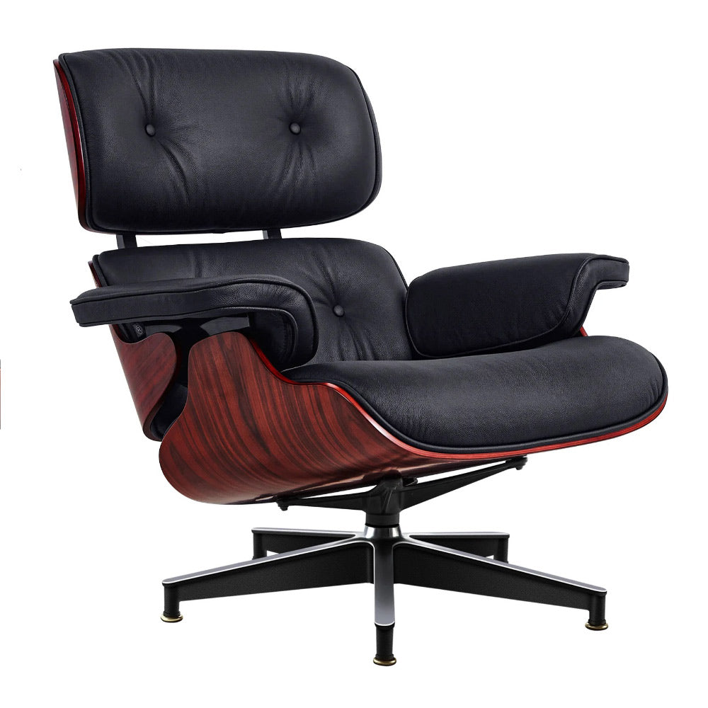 Eames Lounge Chair pihenő fotel ottománnal, sötét rózsafa furnér fafelülettel, fekete bőr kárpitozással.