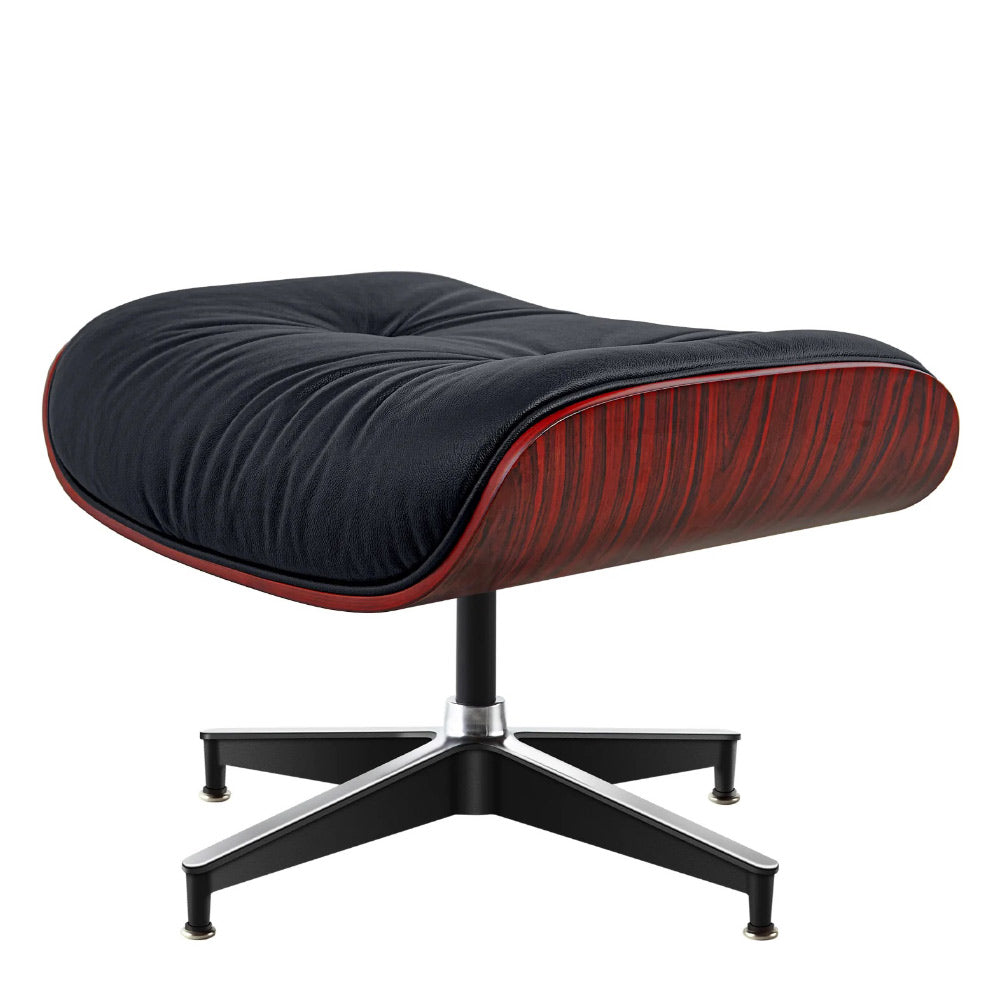 Eames Lounge Chair pihenő fotel ottománnal, sötét rózsafa furnér fafelülettel, fekete bőr kárpitozással.