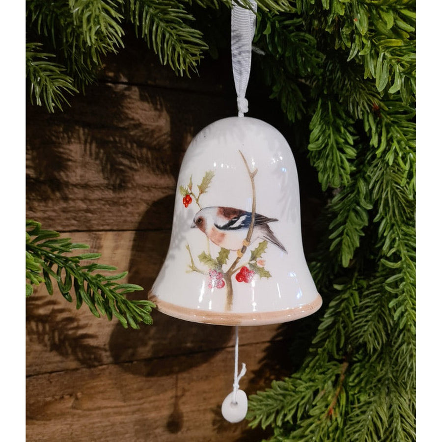 Énekesmadárral díszített karácsonyi kerámia harang.