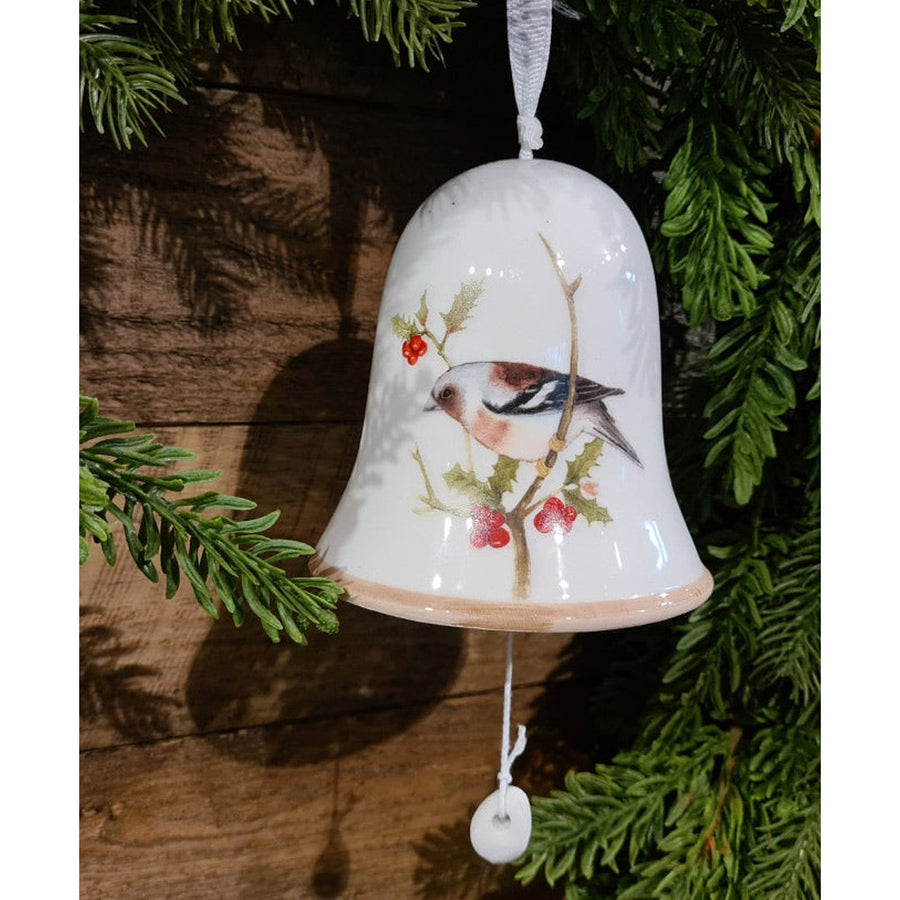 Énekesmadárral díszített karácsonyi kerámia harang.