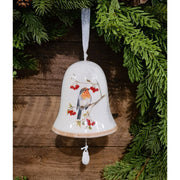 Téli énekesmadárral díszített karácsonyi kerámia harang.