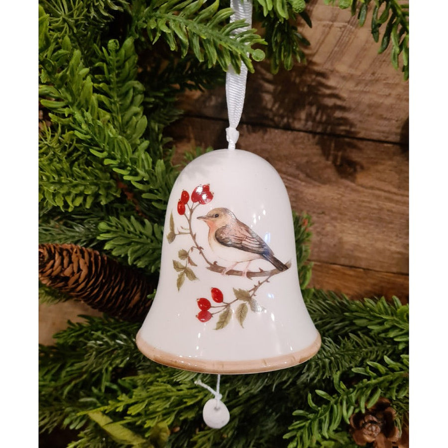 Téli énekesmadárral díszített karácsonyi kerámia harang.