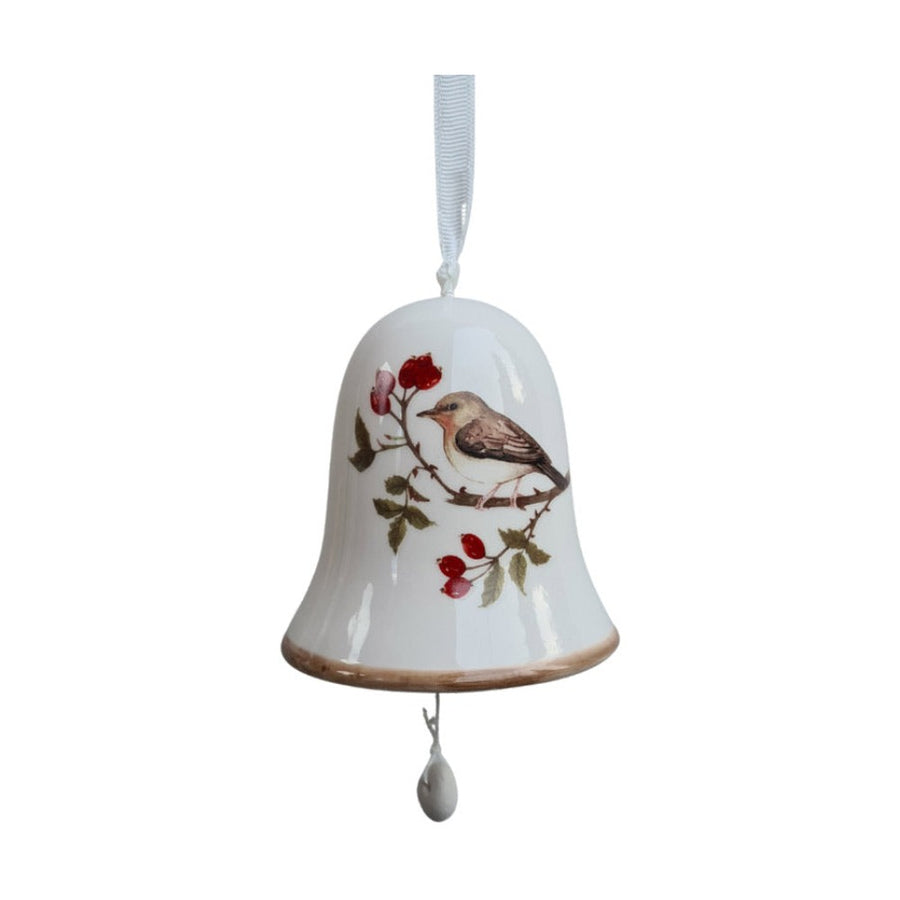Téli énekesmadárral díszített karácsonyi kerámia harang.
