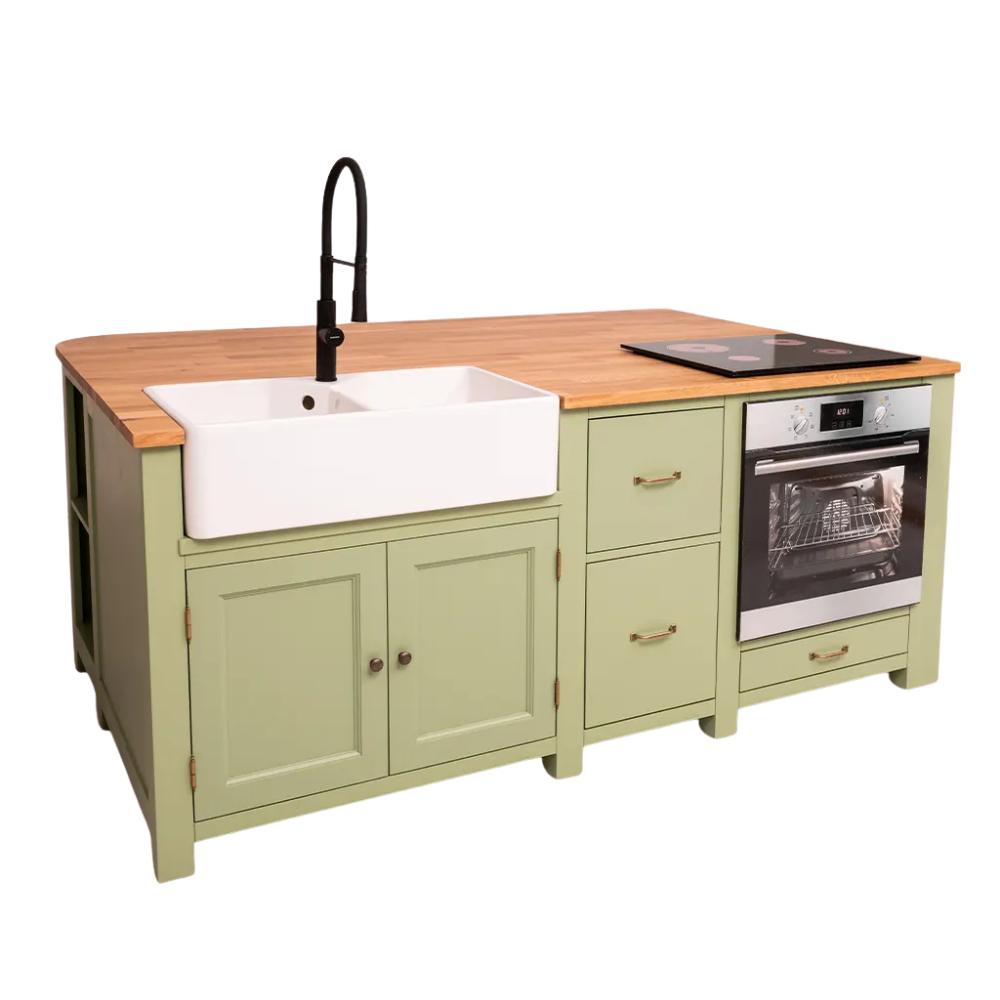 nagy méretű zöld konyhasziget tölgy munkalappal elölnézet