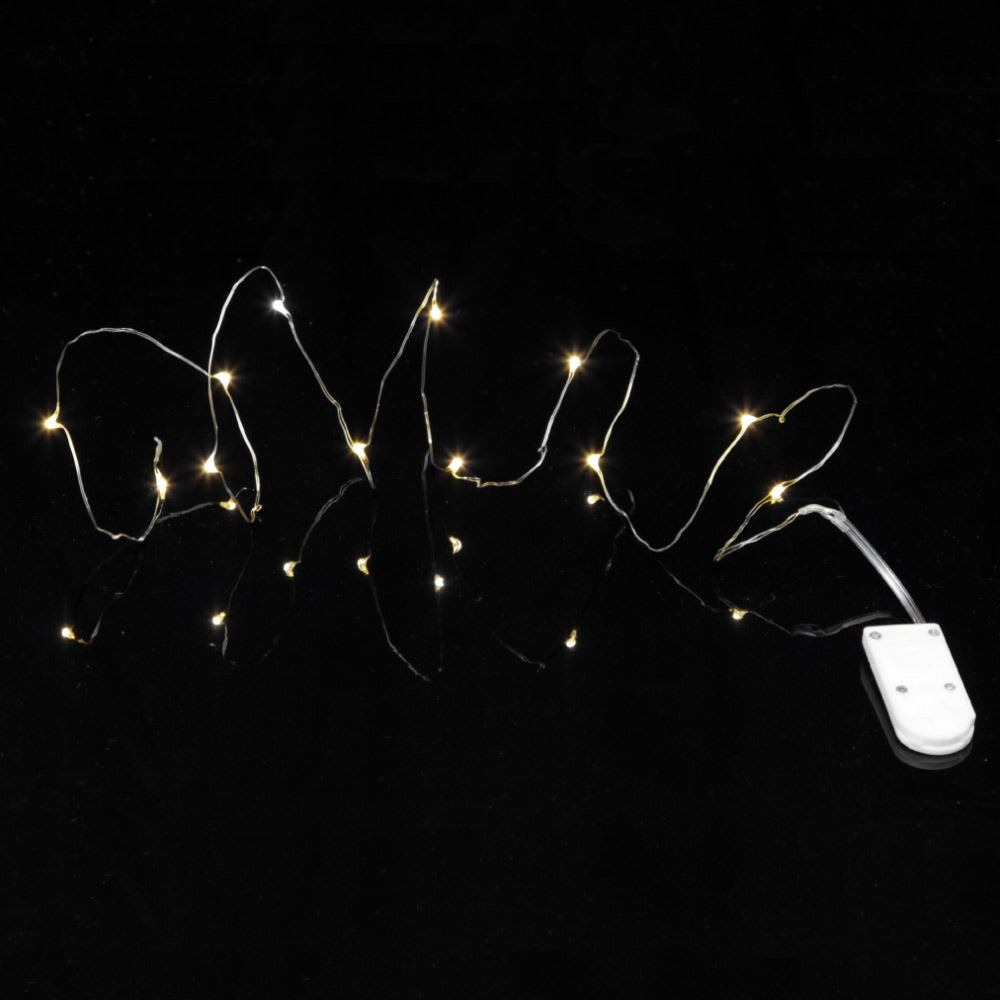 Meleg fehér fényű, 12 LED-es, 110 cm hosszú, rézhuzalos, elemmel működő fényfüzér