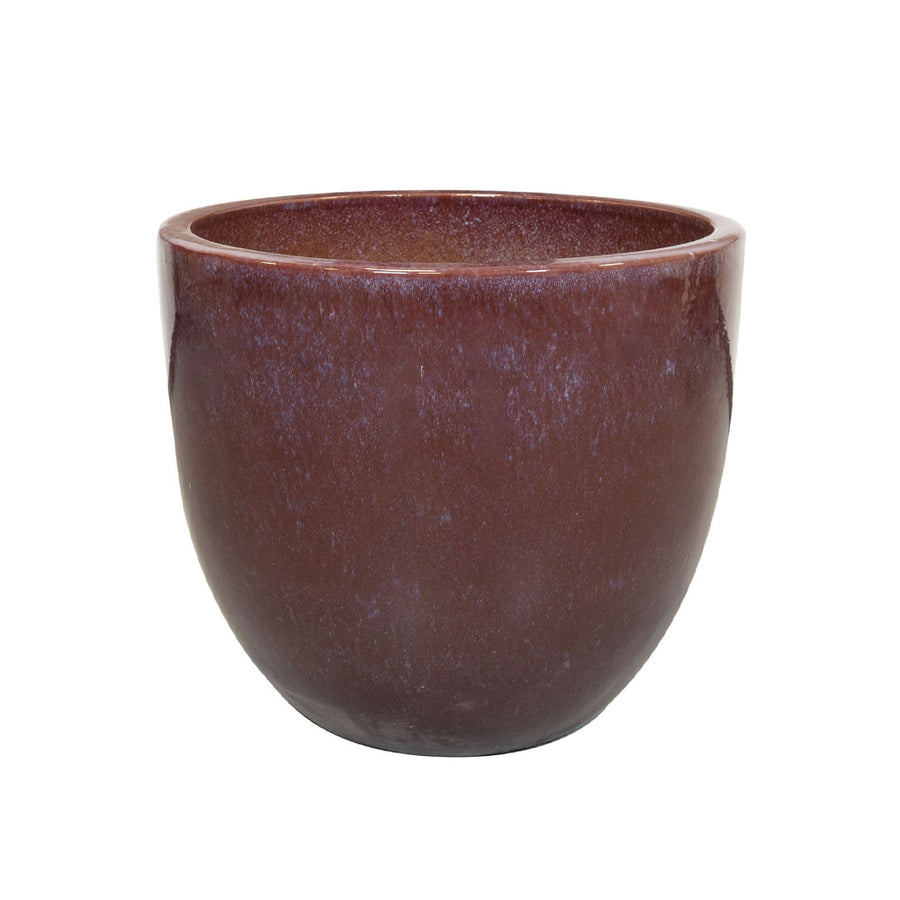 PURE bordó mázas kerámia kaspó 67 × 58 cm, félgömb formával és fényes, vörösesbarna, finoman színátmenetes felülettel.