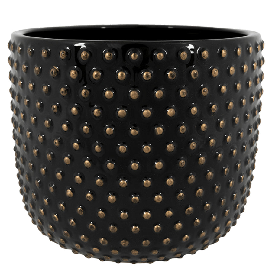 Modern stílusú, fekete színű, mázas kerámia kaspó aranyszínű, pöttyös dombormintával