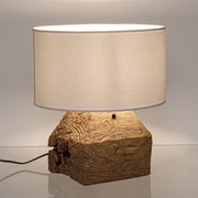 Kortárs, natúr színű, teakfából készült, asztali lámpa fehér lámpaernyővel