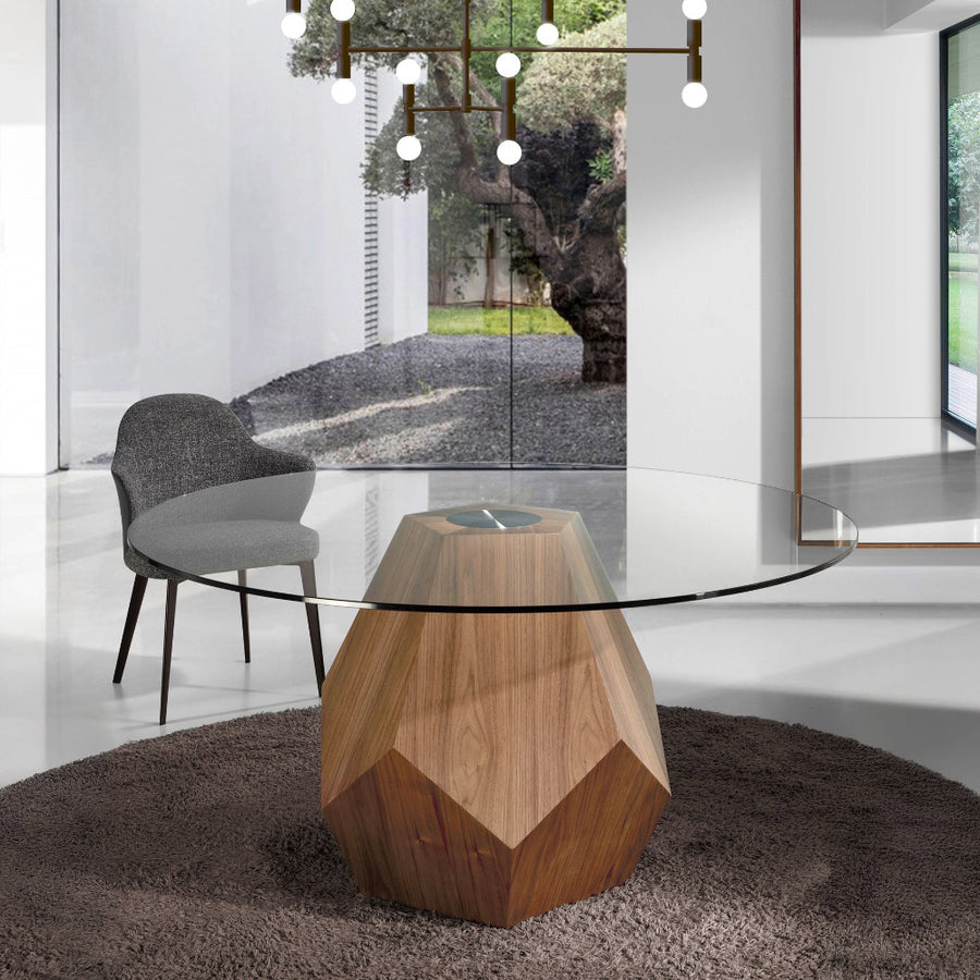 Kortárs stílusú, diófurnérral borított fenyőfából készült, dizájn étkezőasztal edzett üveglappal.