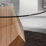 Kortárs stílusú, diófurnérral borított fenyőfából készült, dizájn étkezőasztal edzett üveglappal.