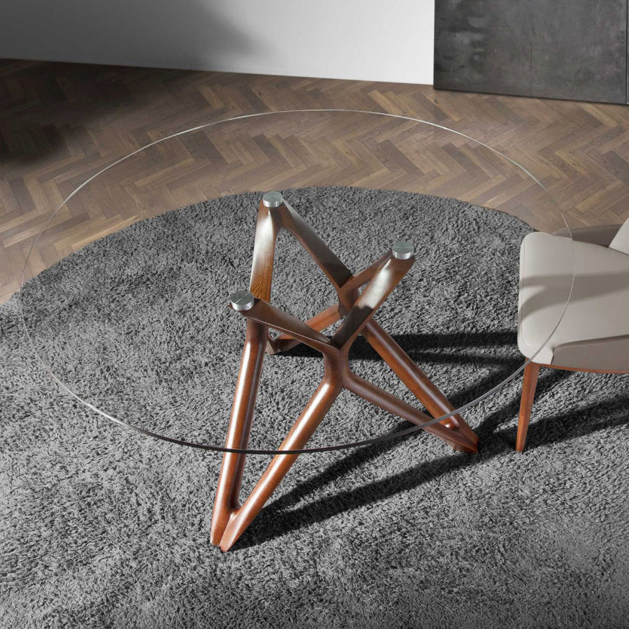 Kortárs stílusú, kőrisfából készült, dizájn étkezőasztal edzett üveglappal.