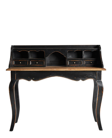 Klasszikus stílusú, szilfából készült, antikolt fekete színű íróasztal.