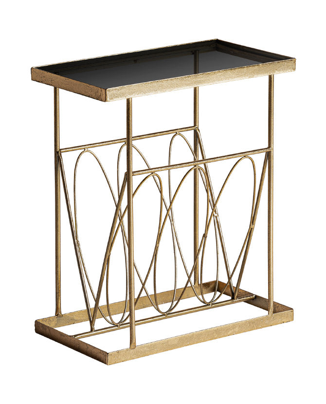Art Deco stílsú, fémből készült, matt aranyszínű kisasztal üveg asztallappal.
