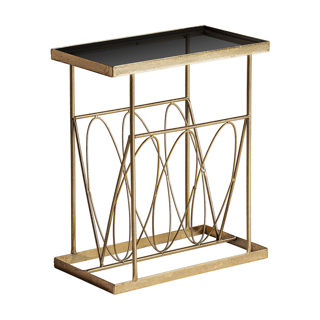 Art Deco stílsú, fémből készült, matt aranyszínű kisasztal üveg asztallappal.