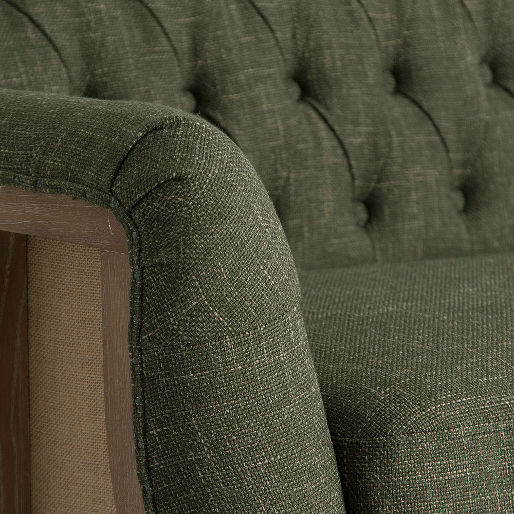 Vintage stílusú, zöld vászonszövettel és natúr jutával kárpitozott kőrisfa kanapé