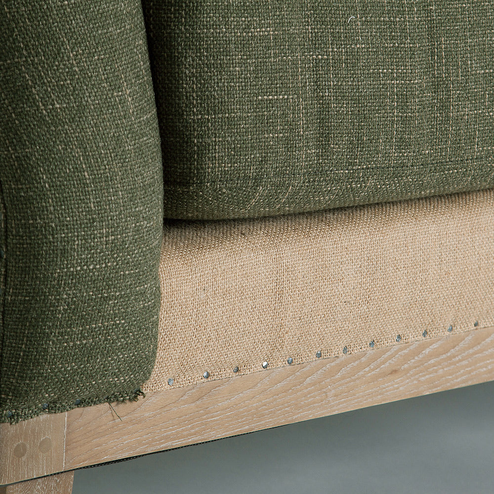 Vintage stílusú, zöld vászonszövettel és natúr jutával kárpitozott kőrisfa kanapé
