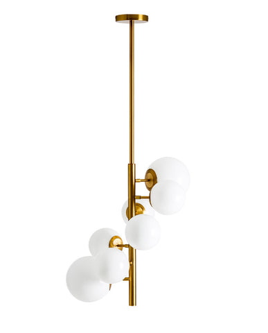 Art Deco stílusú, fémből készült, aranyszínű dizájn függeszték fehér színű, opál lámpabúrákkal.
