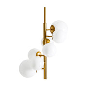 Art Deco stílusú, fémből készült, aranyszínű dizájn függeszték fehér színű, opál lámpabúrákkal.