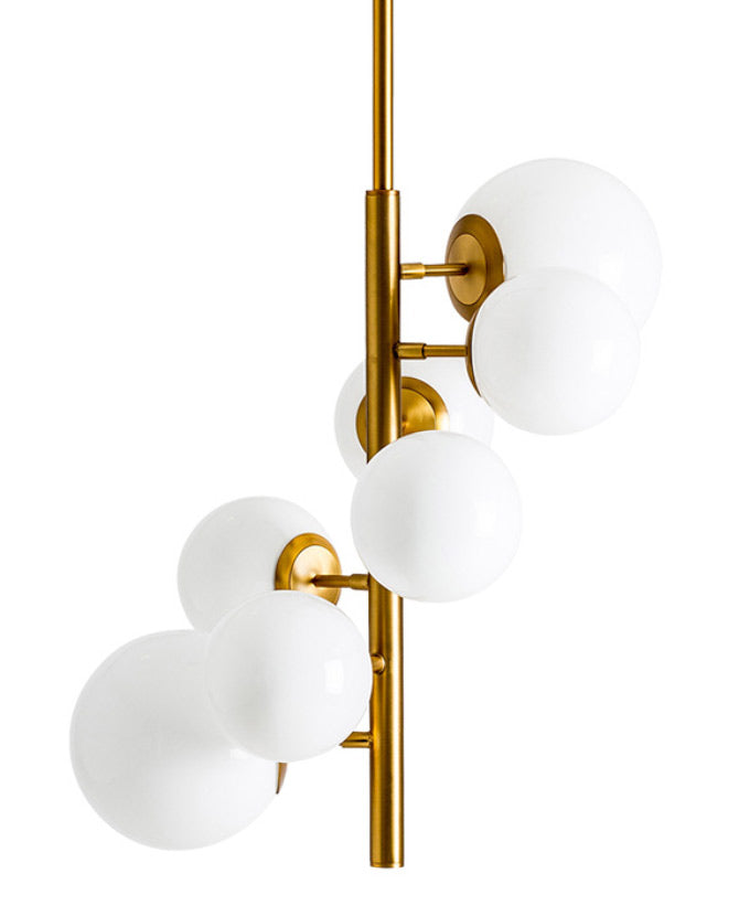 Art Deco stílusú, fémből készült, aranyszínű dizájn függeszték fehér színű, opál lámpabúrákkal.