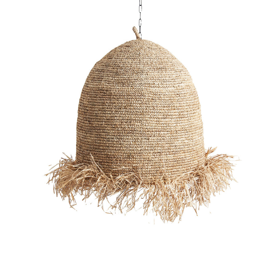 Törzsi ihletésű, kortárs stílusú, natúr színű, raffiából szőtt függeszték lámpa