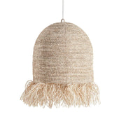 Törzsi ihletésű, kortárs stílusú, natúr színű, raffiából szőtt függeszték lámpa
