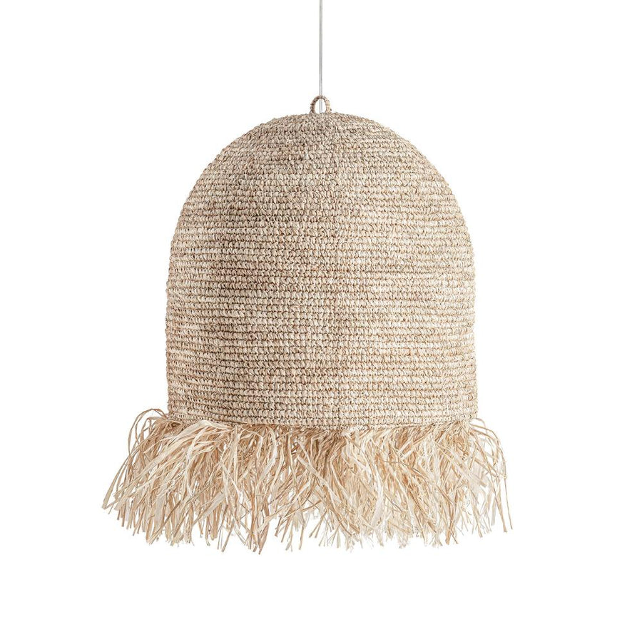 Törzsi ihletésű, kortárs stílusú, natúr színű, raffiából szőtt függeszték lámpa