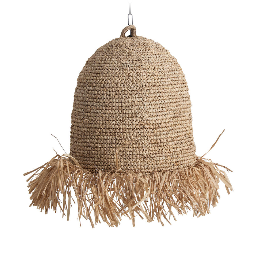 Törzsi ihletésű, kortárs stílusú, natúr színű, raffiából szőtt függeszték lámpa