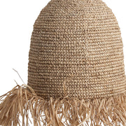 Törzsi ihletésű, kortárs stílusú, natúr színű, raffiából szőtt függeszték lámpa